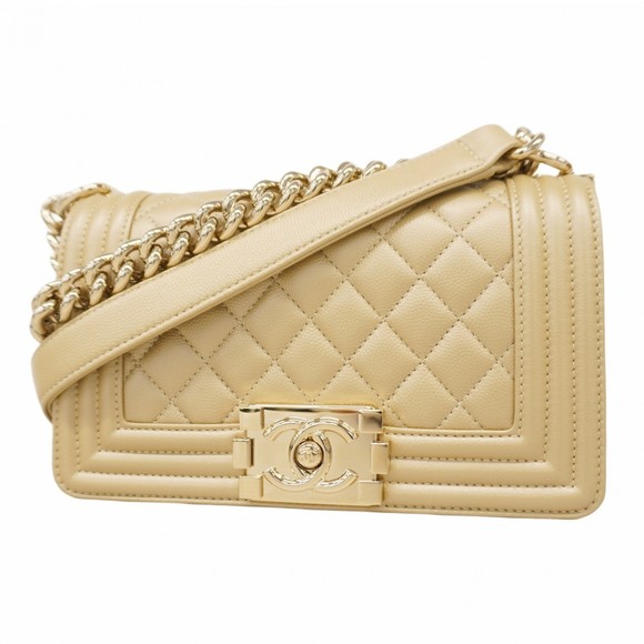 Chanel Shoulder Bag Boy Chain Caviar Skin Beige Champagne Women's - Picture 1 of 11